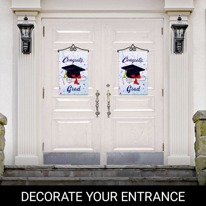 G128 Combo Pack Garden Flag Hanger 14IN & Garden Flag Happy Graduation Congrats Cap Printed 12x18IN Double Sided