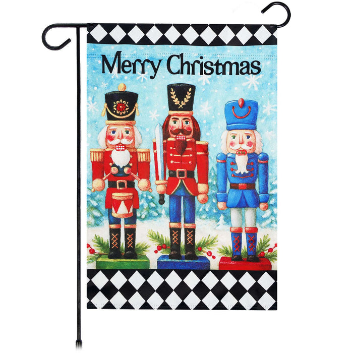 G128 Merry Christmas Three Nutcrackers Garden Flag 12x18 In Double Sided Christmas Yard Garden Lawn Decoration
