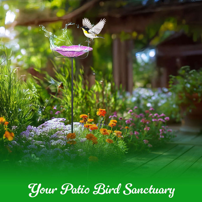 G128 29 Inch Height Glass Bird Baths with Metal Stake | Decorative Purple Flower Design Outdoor Garden Bird Feeder