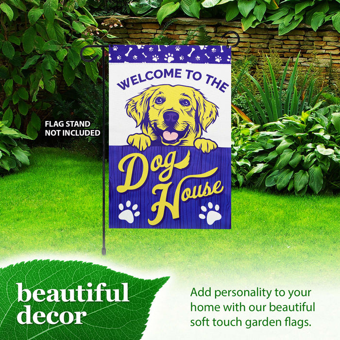 G128 Welcome to the Dog House Yellow Labrador Garden Flag 12x18 In Double Sided Blockout Fabric Yard Garden Lawn Decoration
