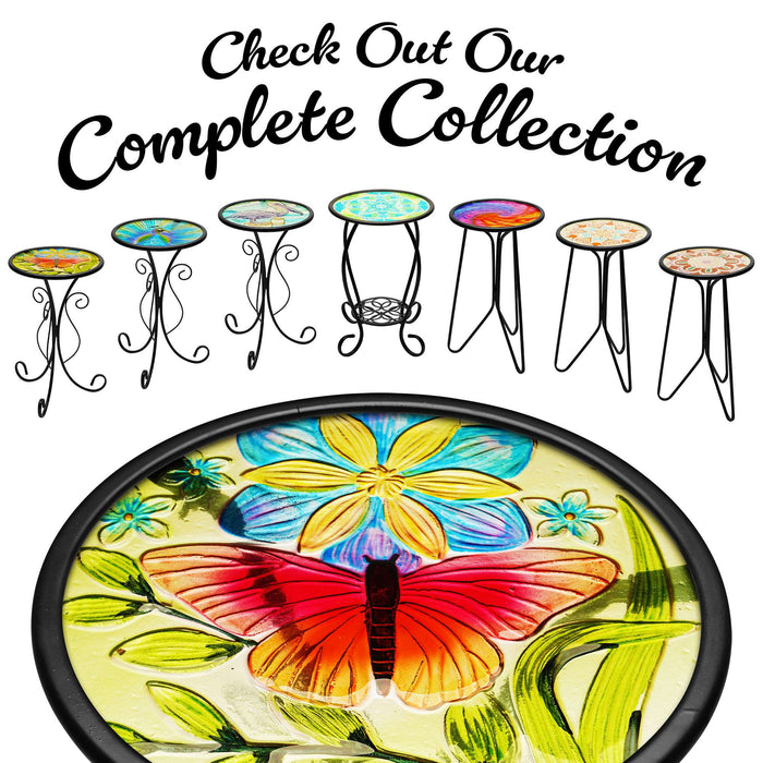 G128 12 in Round Glass Outdoor Side Table Butterfly Pattern | Decorative Plant Stand, Small End Table for Garden Patio Porch Living Room