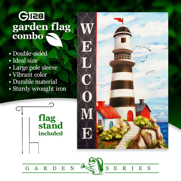 G128 Combo Pack: Garden Flag Stand 36x16IN & Garden Flag Welcome Lighthouse Beach Printed 12x18IN Double Sided