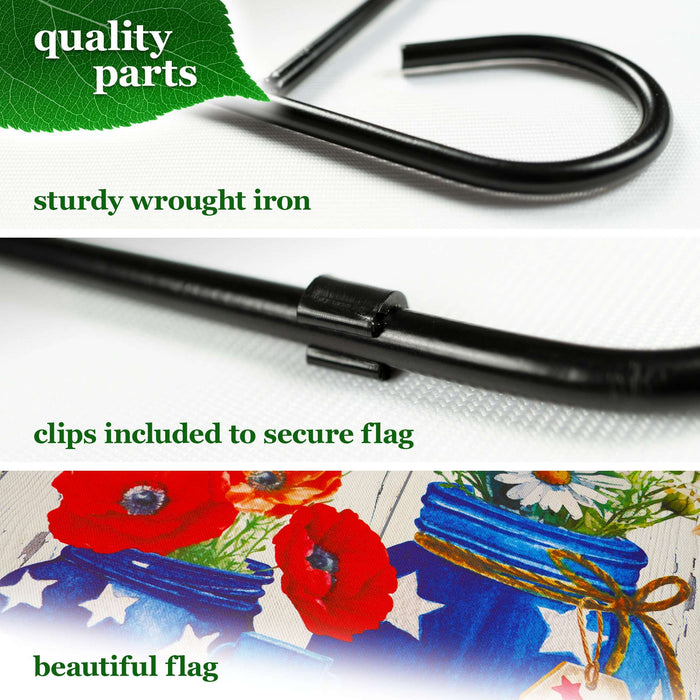 G128 Combo Pack Garden Flag Stand Black 36x16IN & Garden Flag Rustic Mason Jar Patriotic Flowers Printed 12x18IN Double Sided Yard Garden Lawn Decoration
