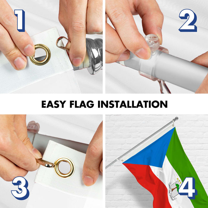 G128 Combo Pack: 6 Ft Twist Free Aluminum Spinning Flagpole (Silver) & Equatorial Guinea Flag | 3x5 Ft | LiteWeave Pro Series Printed 150D Polyester | Pole with Flag Included