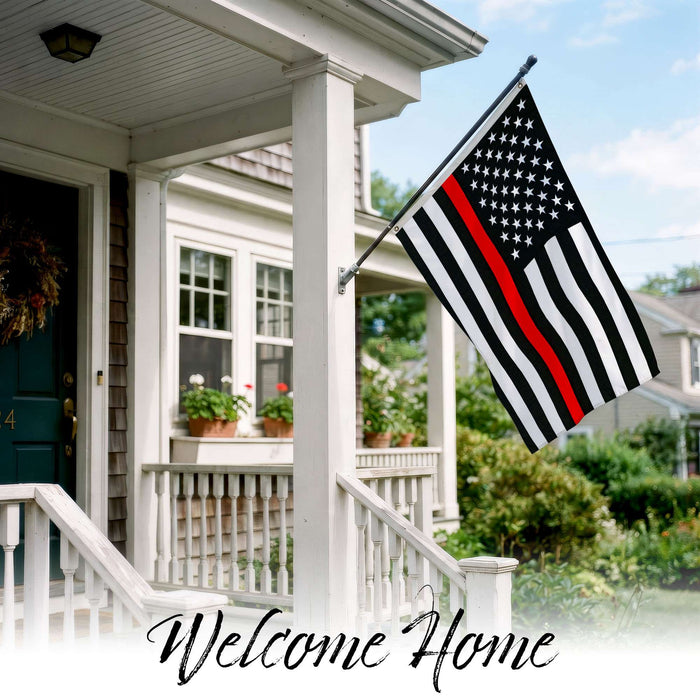 G128 - Thin Red Line Flag Embroidered 4x6 FT Heavy Duty 220GSM Tough Spun Polyester U.S. American Flag Brass Grommets Honoring Fire Fighters and EMTs Black White and Red US Flag