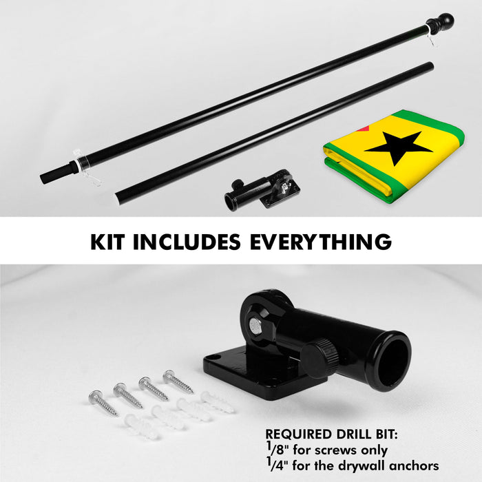 G128 Combo Pack: 6 Ft Twist Free Aluminum Spinning Flagpole (Black) & Sao Tome and Principe Flag | 3x5 Ft | LiteWeave Pro Series Printed 150D Polyester | Pole with Flag Included