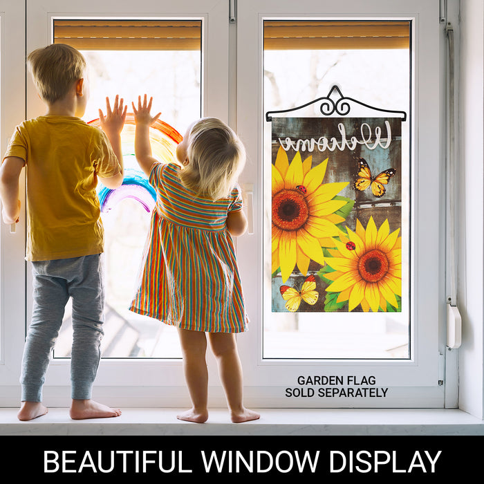 G128 2 Pack: Garden Flag Wall Hanger, Black Wrought Iron Small Flag Hanger, Heavy Duty Garden Flag Holder (Ideal for Flag/Banner with Width Smaller than 13")