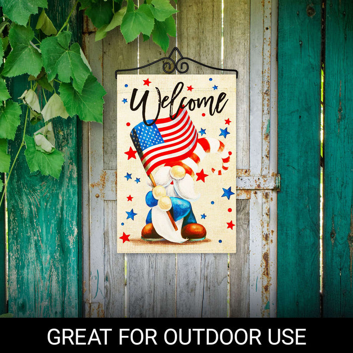 G128 Combo Pack Garden Flag Hanger 14IN & Garden Flag Welcome Patriotic Gnome Printed 12x18IN Double Sided