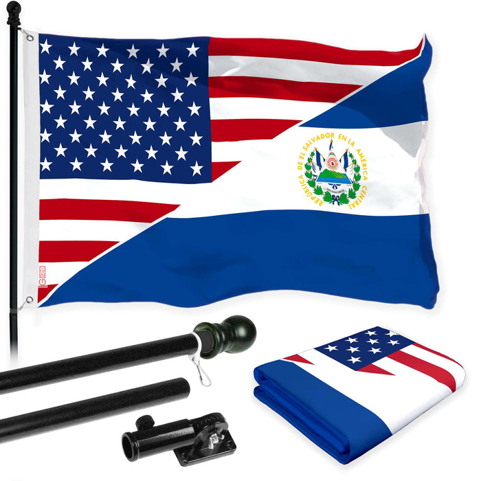 G128 Combo Pack: 6 Ft Tangle Free Aluminum Spinning Flagpole (Black) & El Salvador USA Friendship Flag | 3x5 Ft |LiteWeave Pro Series Printed 150D Polyester | Pole with Flag Included