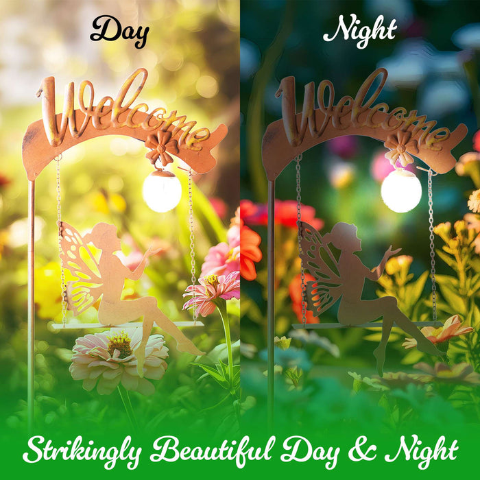 G128 Fairy Welcome Solar Lights Garden Stake Decor for Outside | 50IN Metal Fairy Figurine Stake Decor for Patio Lawn Yard Pathway Outdoor Home