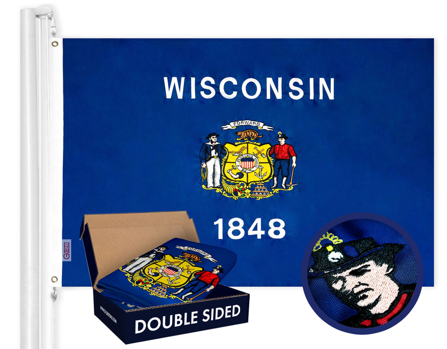Wisconsin State Flag 210D Embroidered Polyester 3x5 Ft - Double Sided 2ply