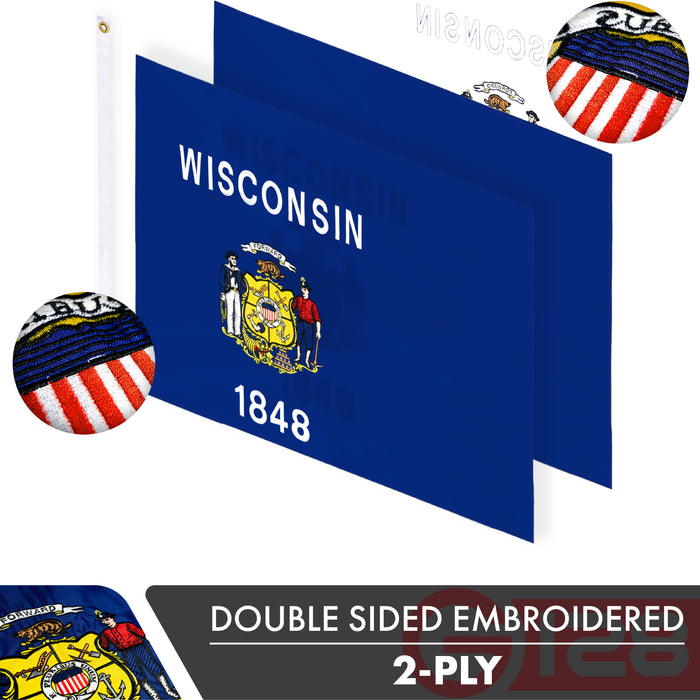 Wisconsin State Flag 210D Embroidered Polyester 3x5 Ft - Double Sided 2ply