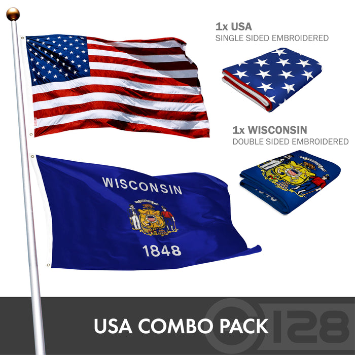 G128 Combo Pack: USA American Flag 3x5 Ft Embroidered Stars & Wisconsin State Flag 3x5 Ft Embroidered Double Sided 2ply