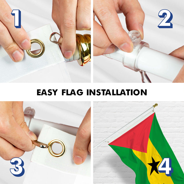 G128 Combo Pack: 6 Ft Twist Free Aluminum Spinning Flagpole (White) & Sao Tome and Principe Flag | 3x5 Ft | LiteWeave Pro Series Printed 150D Polyester | Pole with Flag Included