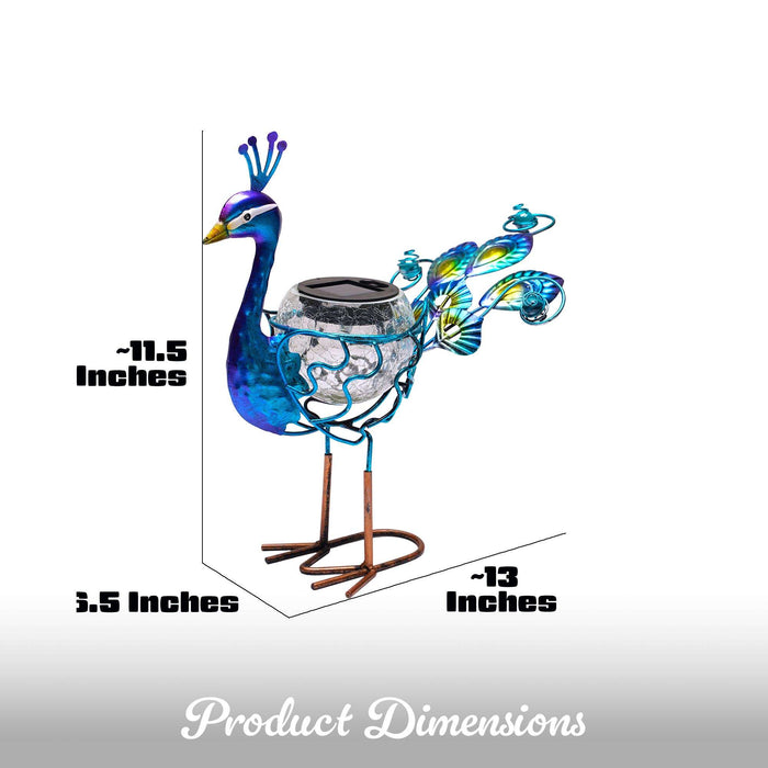 G128 Solar Metal Peacock Garden Statue | 12 Inch Waterproof Peacock Yard Art with Solar-Powered Light for Lawn, Patio, and Backyard