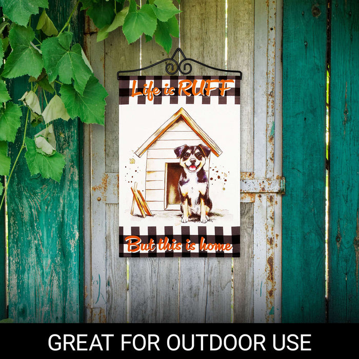 G128 Combo Pack Garden Flag Hanger 14IN & Garden Flag Life is Ruff Dog House Printed 12x18IN Double Sided Yard Lawn Decoration