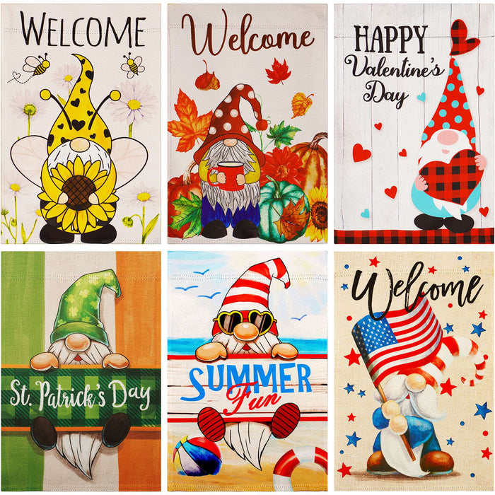 G128 set of 6 valentine's and seasonal gnomes garden flags, 12x18 inch