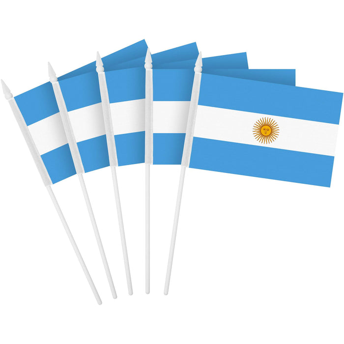 G128 10 Pack Handheld Argentina Argentinian Stick Flags | 4x6 In | Printed 150D Polyester, Country Flag, Solid Plastic Stick, Spear White Tip