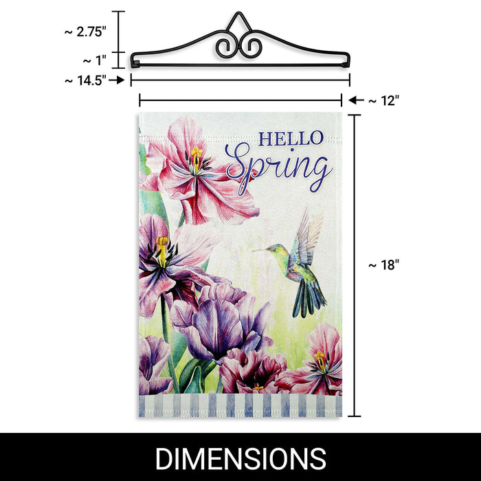 G128 Combo Pack Garden Flag Hanger 14IN & Garden Flag Hello Spring Hummingbird Flowers Printed 12x18IN Double Sided