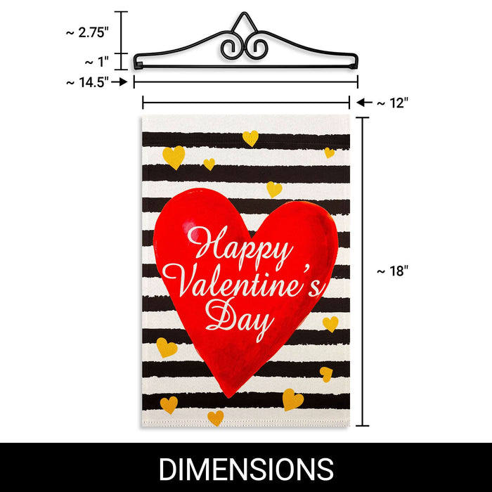 G128 Combo Pack Garden Flag Hanger 14IN & Garden Flag Happy Valentine's Day Striped Heart Printed 12x18IN Double Sided