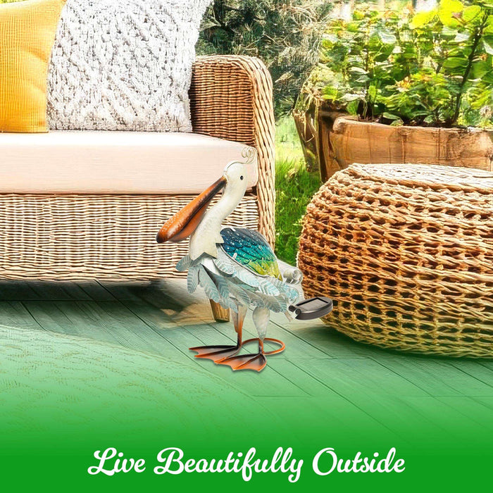 G128 Solar Metal Pelican Garden Statue | 17 Inch Coastal Ocean Bird Yard Art with Colorful Wings and Solar-Powered Light for Lawn, Patio, and Backyard