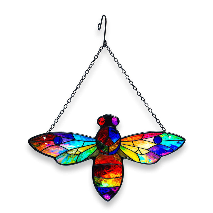 G128 bee stained glass suncatcher window hanging ornament with metal frame, 14 inch nominal size