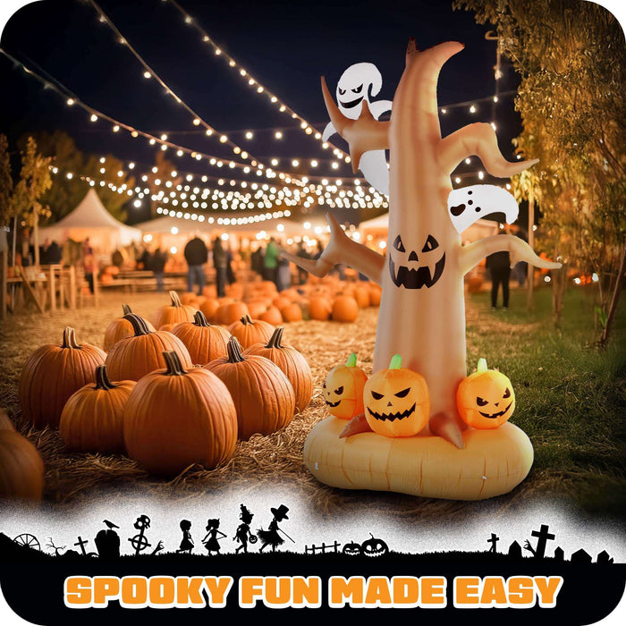 G128 8 ft Halloween Haunted Tree with Ghosts and Pumpkins Inflatable Decor with LED Lights, Halloween Outdoor Holiday Yard Decoration, Fast Inflate, Weather-Resistant, Outdoor Use