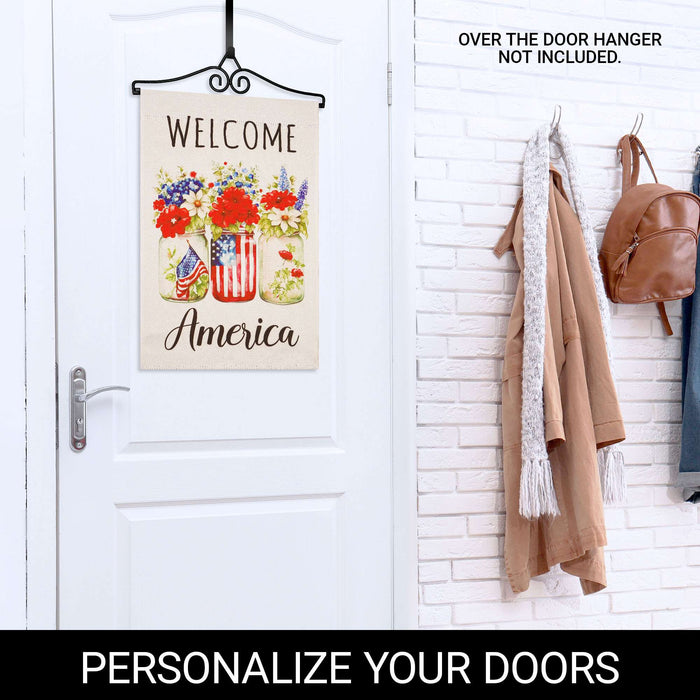 G128 Combo Pack Garden Flag Hanger 14IN & Garden Flag Welcome America Mason Jars Printed 12x18IN Double Sided Yard Garden Lawn Decoration