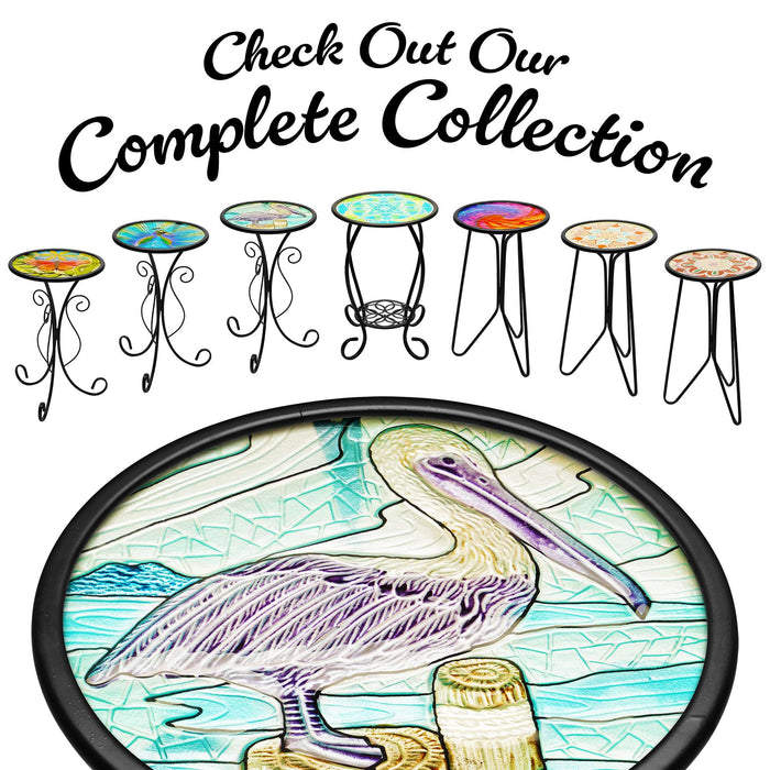 G128 12 in Round Glass Outdoor Side Table Pelican Pattern | Decorative Plant Stand, Small End Table for Garden Patio Porch Living Room