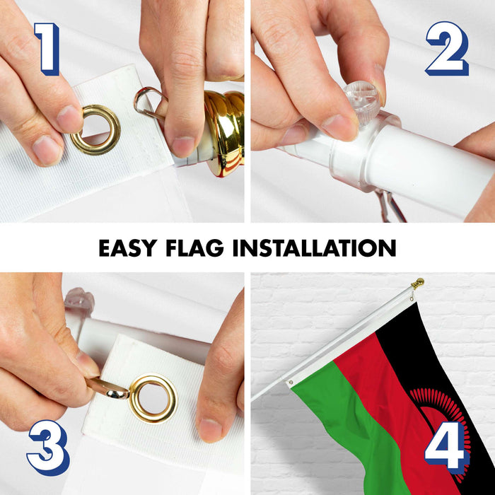 G128 Combo Pack: 6 Ft Twist Free Aluminum Spinning Flagpole (White) & Malawi Flag | 3x5 Ft | LiteWeave Pro Series Printed 150D Polyester | Pole with Flag Included