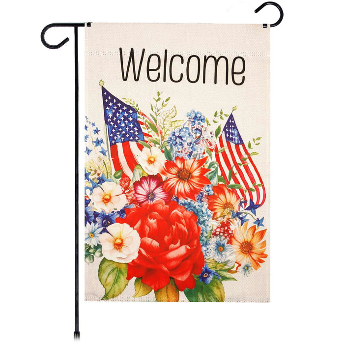 G128 Welcome American Flag Flowers Garden Flag 12x18 In Double Sided Independence Day Yard Garden Lawn Decoration