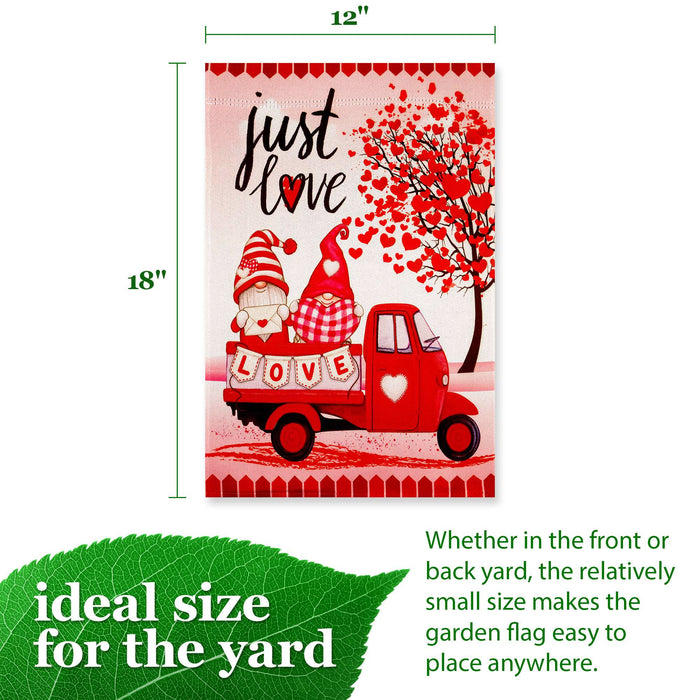 G128 Valentine's Day Just Love Gnome Truck Garden Flag 12x18 In Double Sided Yard Garden Lawn Decoration