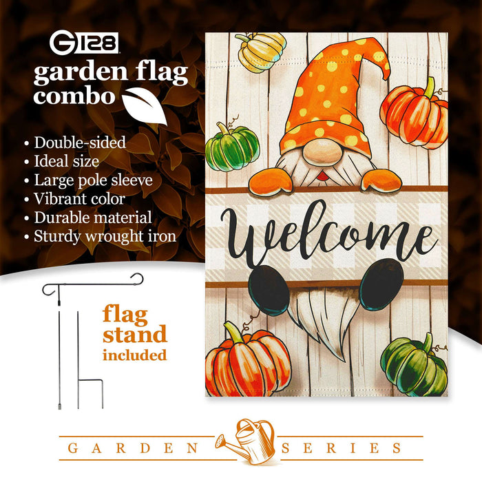 G128 Combo Pack: Garden Flag Stand 36x16IN & Garden Flag Autumn Welcome Gnome Printed 12x18IN Double Sided