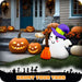 G128 3.5FT inflatable Halloween ghost in a witch hat holding a broom, glowing on a front porch