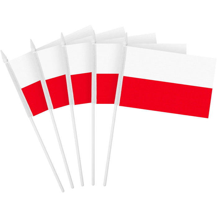 G128 10 Pack Handheld Poland Polish Stick Flags | 4x6 In | Printed 150D Polyester, Country Flag, Solid Plastic Stick, Spear White Tip