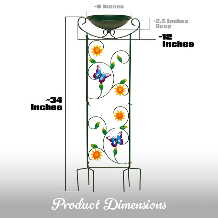 G128 35 Inch Antique Garden Iron Bird Bath with Trellis, Decorative Butterfly, Detachable Bowl, Metal Potted Plant Support, Elegant Outdoor Garden Bird Feeder