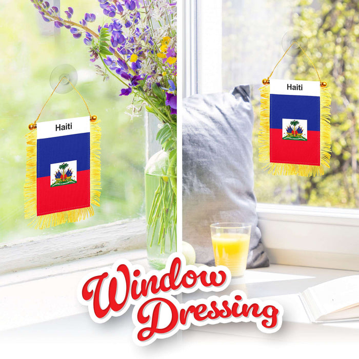 G128 2 Pack: Haiti Haitian Fringy Flag | 3x5IN | Fringy Hanging Double Sided Flag with Suction Cup, Window and Car Rearview Mirror Decor