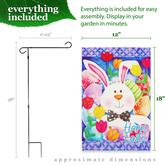 G128 Combo Pack Garden Flag Stand Black 36x16IN & Garden Flag Happy Easter Bunny Tulips Printed 12x18IN Double Sided Yard Garden Lawn Decoration