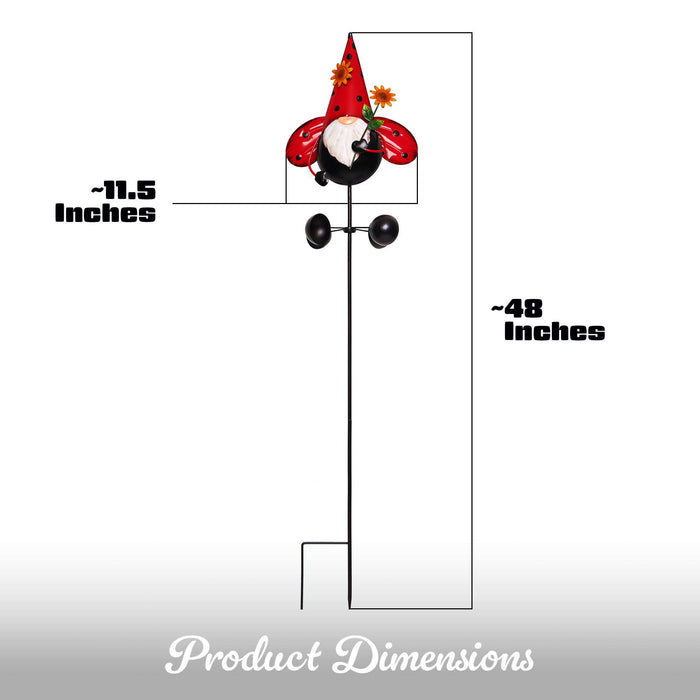 G128 Gnome Labybug Metal Yard Wind Spinner Stake | Outdoor 48 inch Gnome Statue Decorations 360 Degrees Swivel Wind Spinner for Patio Garden Backyard