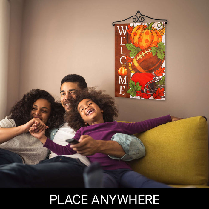 G128 12x18IN Welcome Fall Football Pumpkin Garden Flag with 14IN Hanger