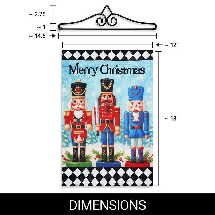 G128 12x18IN Merry Christmas Three Nutcrackers Garden Flag with 14IN Hanger