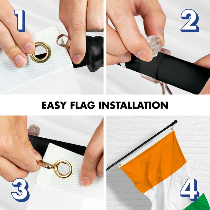 G128 Combo Pack: 6 Ft Twist Free Aluminum Spinning Flagpole (Black) & Ivory Coast Flag | 3x5 Ft | LiteWeave Pro Series Printed 150D Polyester | Pole with Flag Included