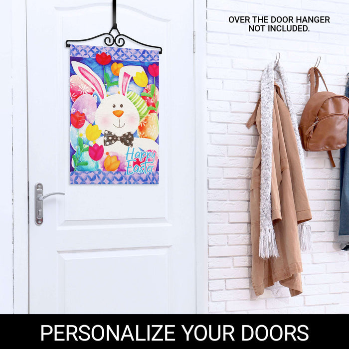 G128 Combo Pack Garden Flag Hanger 14IN & Garden Flag Happy Easter Bunny Tulips Printed 12x18IN Double Sided Yard Garden Lawn Decoration