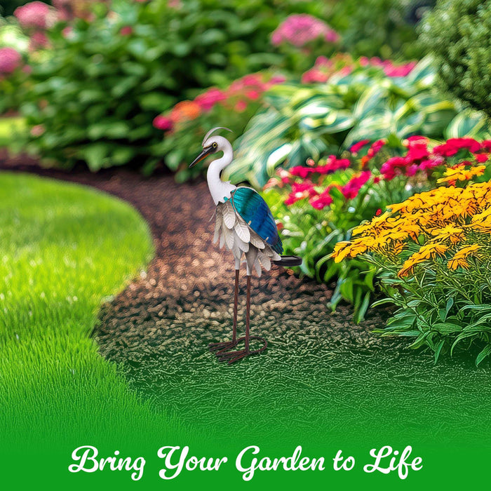G128 Solar Metal Heron Garden Statue | 24 in Coastal Ocean Bird Outdoor Decor with LED Lights, Colorful Yard Art for Lawn Patio Backyard