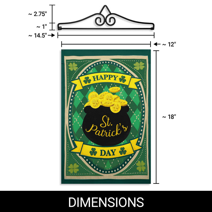 G128 Combo Pack Garden Flag Hanger 14IN & Garden Flag Happy St. Patrick's Day Pot Gold Printed 12x18IN Double Sided