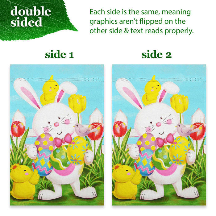 G128 Combo Pack: Garden Flag Stand 36x16IN & Garden Flag Happy Easter White Bunny with Easter Eggs Printed 12x18IN Double Sided