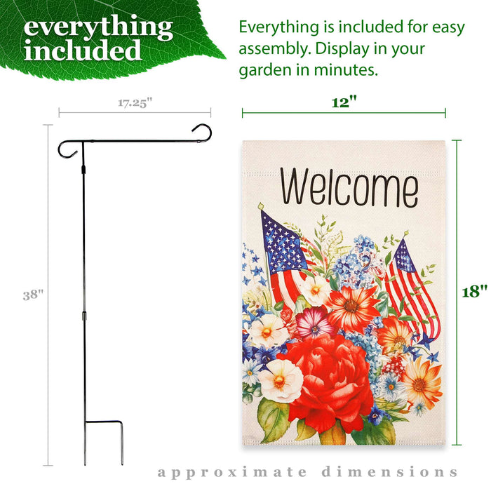G128 Combo Pack Garden Flag Stand Black 36x16IN & Garden Flag Welcome  Flowers Printed 12x18IN Double Sided Yard Garden Lawn Decoration