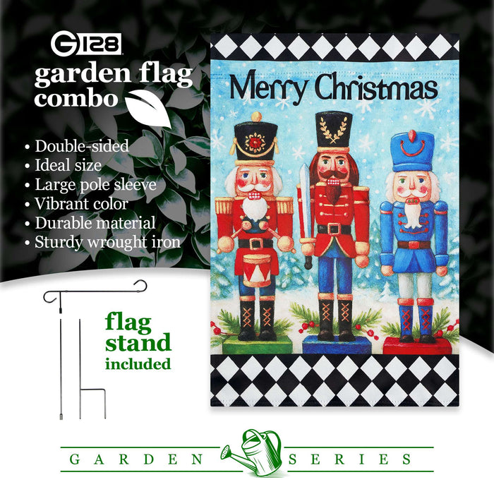 G128 36x16IN Garden Flag Stand & 12x18 Merry Christmas Nutcrackers Flag Kit
