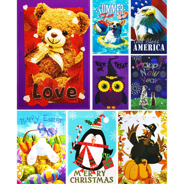 G128 set of 8 love and holiday animals garden flags, 12x18 inch