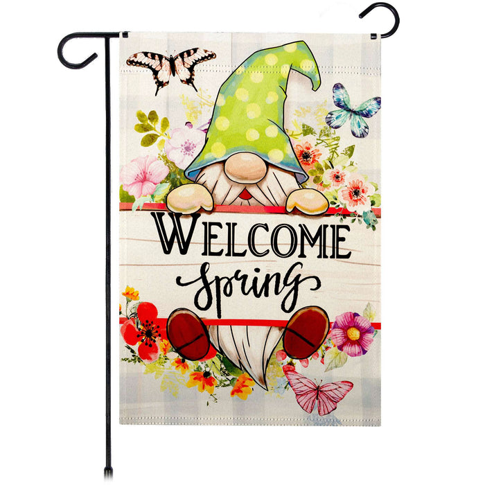 G128 Welcome Spring Gnome Flowers Garden Flag 12x18 In Double Sided Spring Yard Garden Lawn Decoration